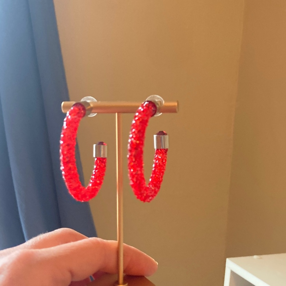 Red Crystal Textured Hoop Earrings - Picture 9 of 9